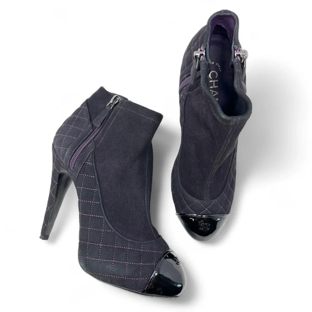 Chanel Quilted Ankle Boots Booties Heels CC Logo Cap Toe Purple Black 40 9 9.5